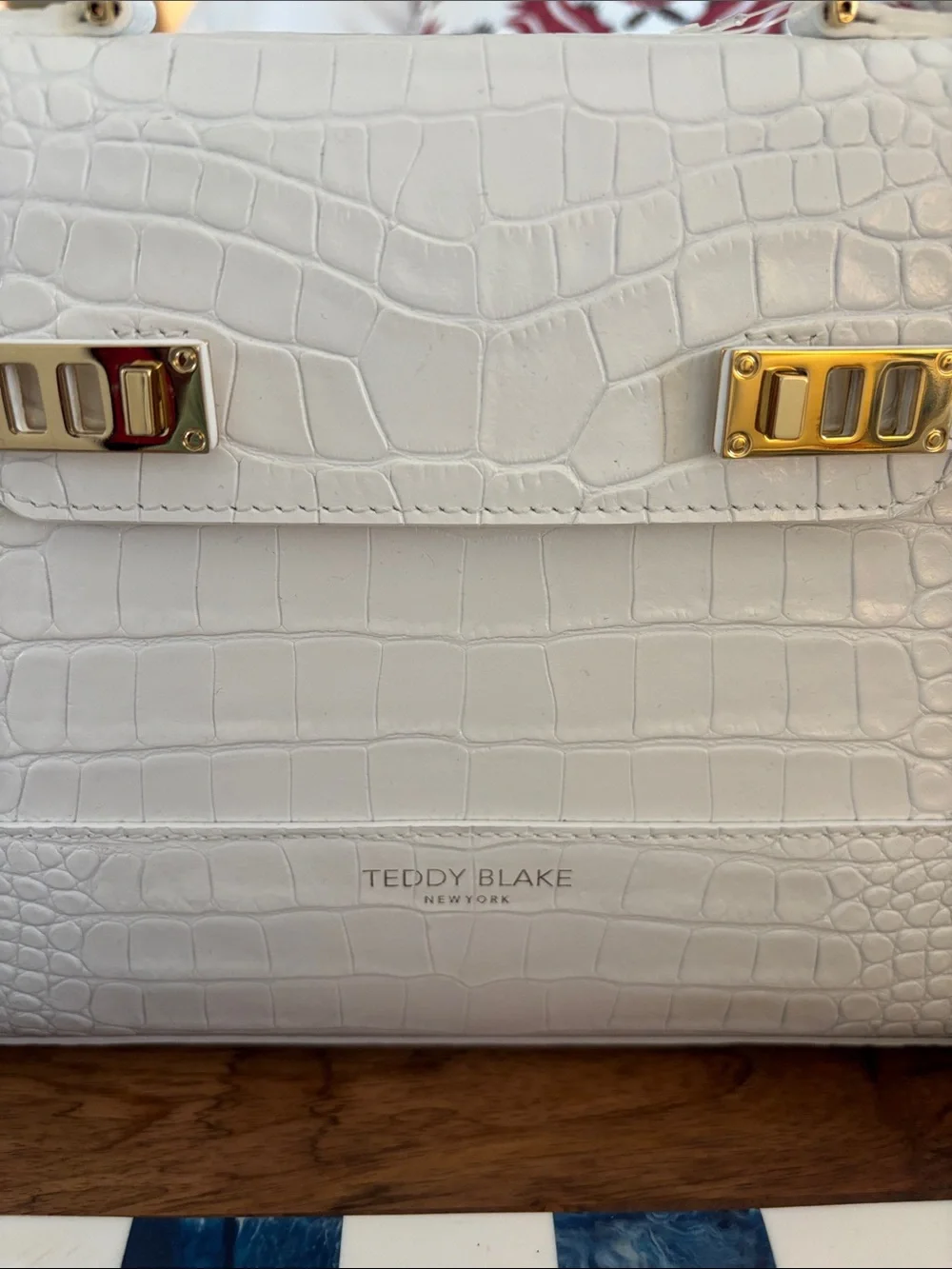NWOT Teddy Blake AVA 11 White Croc-Embossed Leather Satchel with Gold Hardware